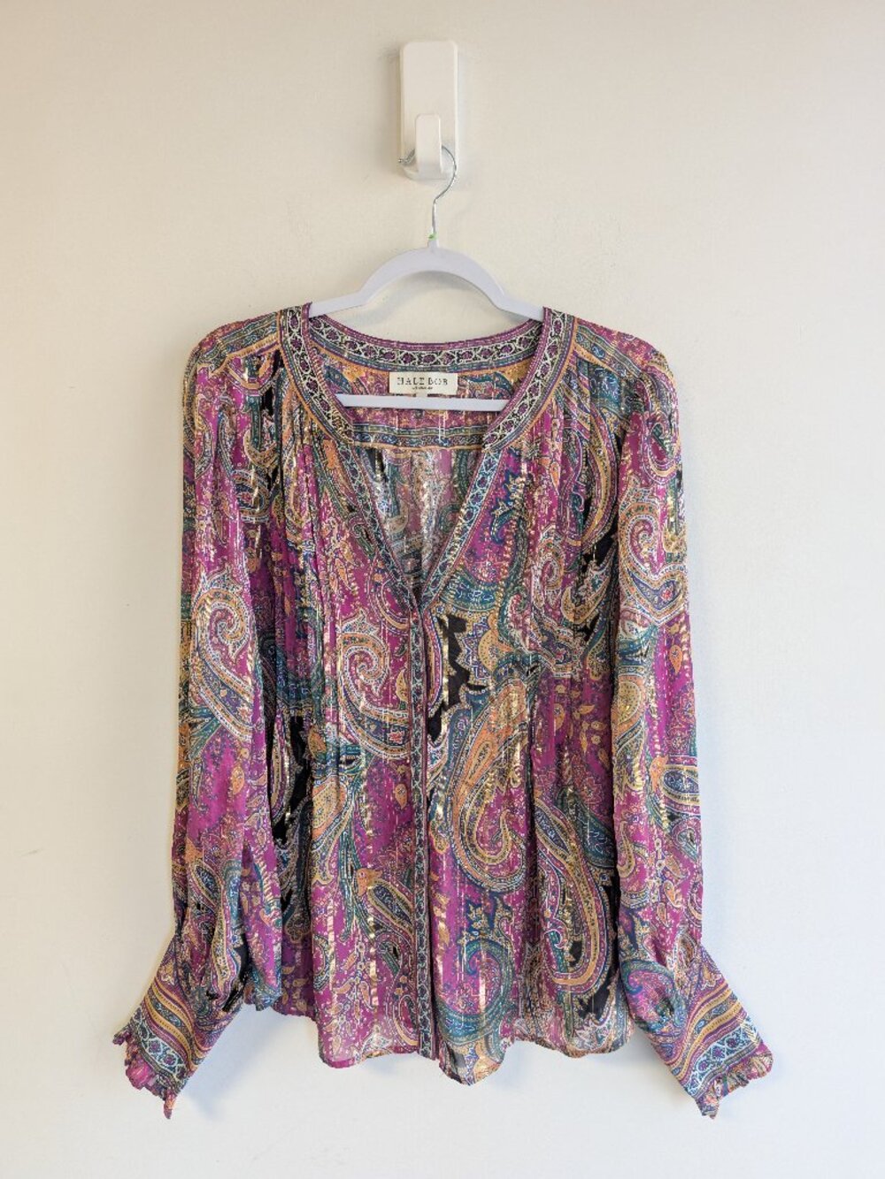 Hale Bob Silk Boho Paisley Print Metallic Blouse